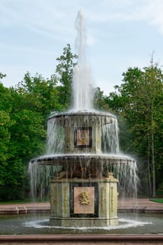 an active fountain in Peterhof Park in close-up. photo