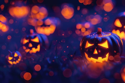 A group of pumpkins with glowing eyes and a spooky atmosphere. The scene is set in a field with a blue sky in the background