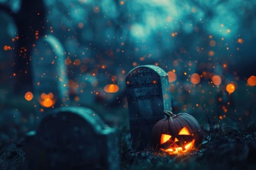 A cemetery with a headstone that says Thomas and a pumpkin on the ground. The pumpkin is lit up and has a scary look to it