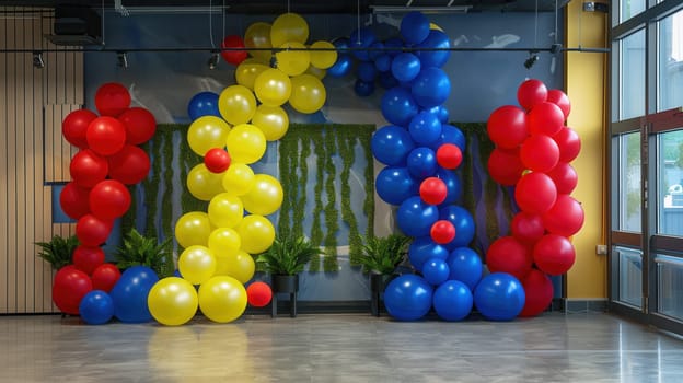 Balloon decorations in red, yellow, and blue adorn an office space for a special event.