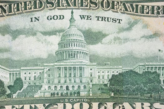 Closeup image of the US dollar bill featuring the Capitol building, emphasizing detail and American currency.