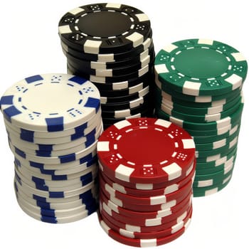 Pile of poker chips in various colors isolated on white background.