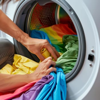 Unrecognizable woman loading a washing machine with colourful clothes.