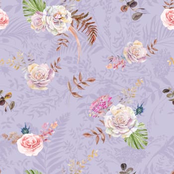 Seamless watercolor pattern with a flowers of roses and tropical herbarium in Boho style on purple background painted in watercolor for textile and fabrics