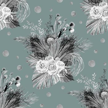 Watercolor vintage black and white seamless pattern with a herbarium of white rose flowers and tropical palm leaves for summer textiles of women is dresses and clothes in natural shades