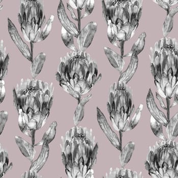 Monochrome black and white watercolor seamless pattern with protea flowers on a light background for textile and surface design