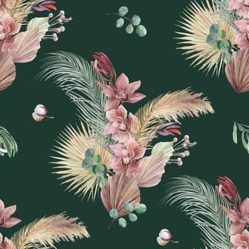 watercolor seamless pattern with orchid flowers and dry palm leaves on a green background in boho style. Botanical summer motif for textile and surface design