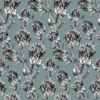 Seamless monochrome watercolor pattern with vertical protea flowers for textile and surface design