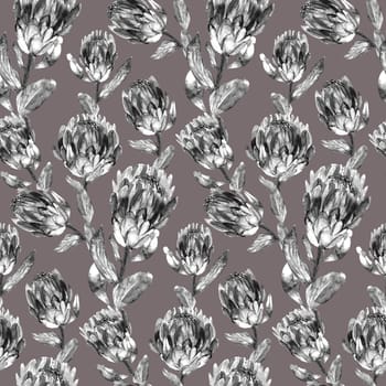 Seamless monochrome watercolor pattern with vertical protea flowers for textile and surface design