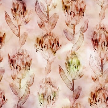 Watercolor seamless pattern with typography of vertical protea flowers on a watercolor background for textile and surface design in natural beige shades