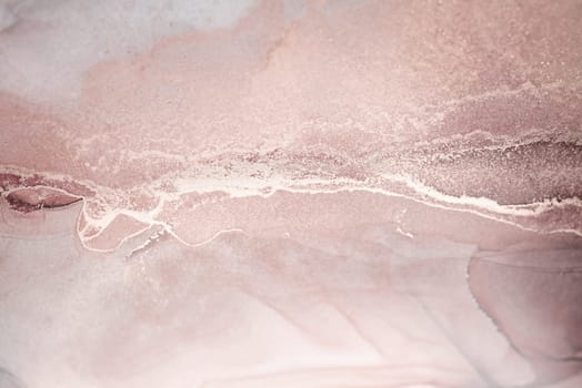 A close-up abstract image featuring swirling shades of pink and white with a delicate silver streak across the center, resembling a textured landscape.