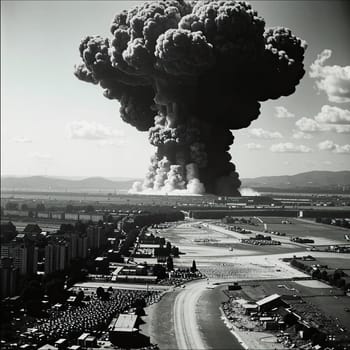 A photograph of a nuclear explosion against the backdrop of destroyed buildings and vacant lots and people. Military combat operations. Nuclear mushroom. Weapons of mass destruction.