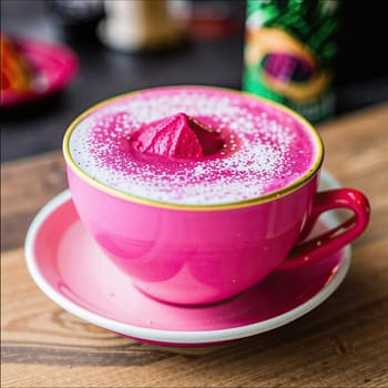 Photo of pink matcha from bright dragon fruit powder. It is rich in vitamins and minerals. Sweet taste reminiscent of a mixture of strawberries and kiwi.