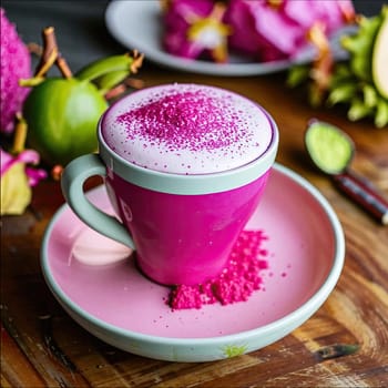 Photo of pink matcha from bright dragon fruit powder. It is rich in vitamins and minerals. Sweet taste reminiscent of a mixture of strawberries and kiwi.