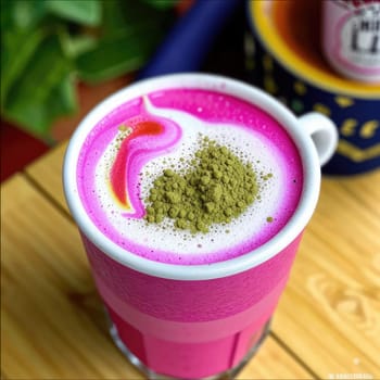 Photo of pink matcha from bright dragon fruit powder. It is rich in vitamins and minerals. Sweet taste reminiscent of a mixture of strawberries and kiwi.