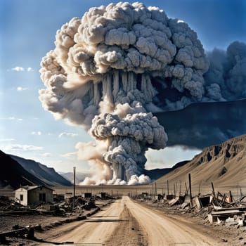 A photograph of a nuclear explosion against the backdrop of destroyed buildings and vacant lots and people. Military combat operations. Nuclear mushroom. Weapons of mass destruction.