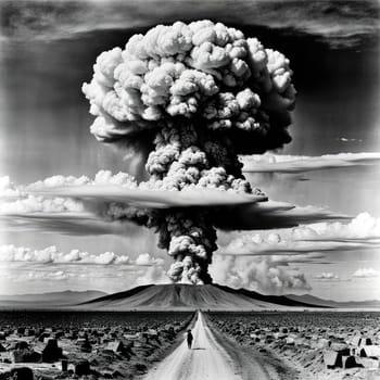 A photograph of a nuclear explosion against the backdrop of destroyed buildings and vacant lots and people. Military combat operations. Nuclear mushroom. Weapons of mass destruction.