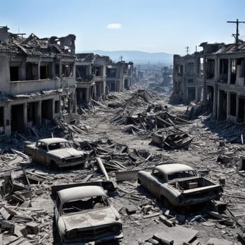 Photograph of destroyed buildings and houses due to the war. Mass destruction. Lifeless cities. Combat operations on the territory of civilians. Concrete, stones and glass shards.