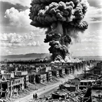 A photograph of a nuclear explosion against the backdrop of destroyed buildings and vacant lots and people. Military combat operations. Nuclear mushroom. Weapons of mass destruction.