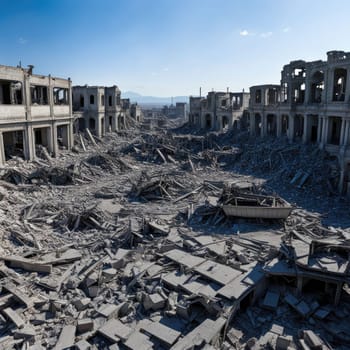 Photograph of destroyed buildings and houses due to the war. Mass destruction. Lifeless cities. Combat operations on the territory of civilians. Concrete, stones and glass shards.