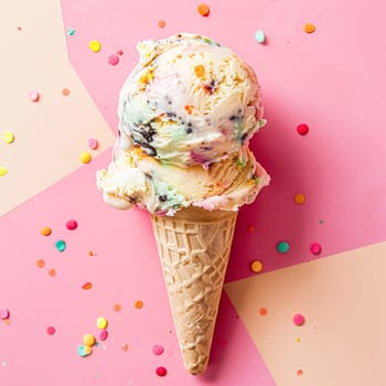 Scoops of ice cream in a waffle cone on a colorful background