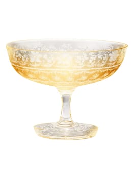 Vintage Champagne saucer, crystal coupe glass, broad bowl, etched floral design, shimmering golden champagne, gentle swirl, soft shadows, romantic concept, transparent png.