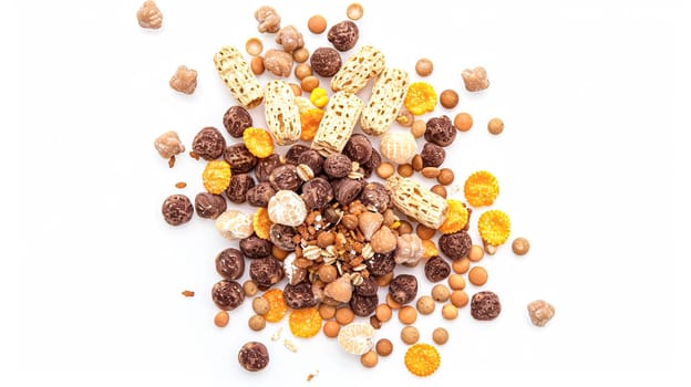 Assortment of cereal, grains, muesli or oats for healthy breakfast, organic farm market product isolated on white background