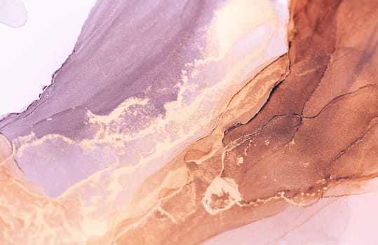 A close-up abstract image of an alcohol ink painting featuring swirling patterns in shades of brown, gold, and lavender.