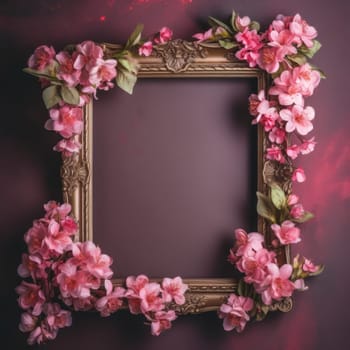 Pink flowers on a pink violet background and gold empty photo frame. Generated AI.