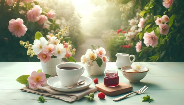 a morning breakfast setting with white coffee cups and a bowl of jam on a pale wooden table in a garden.