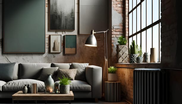 a loft-style living room, focusing on the details.