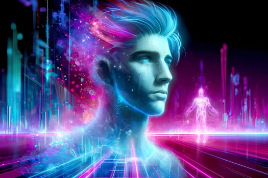 a holographic projection of a young man in a fantastical futuristic style in vibrant neon color.