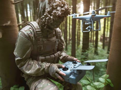 a soldier in forest camouflage, operating a drone from a hidden position among dense trees.