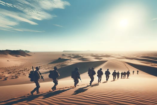 a group of soldiers in tactical gear trekking through a desert under a clear blue sky.