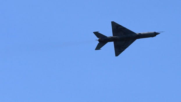 Zagreb Croatia May 11 2024: Soviet-era combat aircraft MiG-21 Fishbed in flight. Copy Space. Mikoyan Gurevich MiG-21 Fishbed of Croatian Air Force.