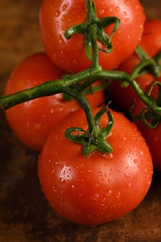 Fresh ripe red tomato branch on a rusty, redhead table with water drops. Close-up. Vertical photo. Poster for vegetable market or shop.