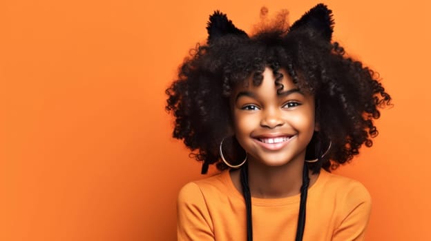 Cute african american girl in cat halloween costume looking at camera and smiling over orange background. Happy Halloween. Trick or treat