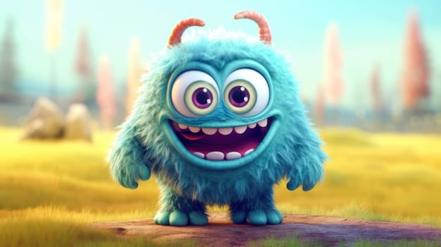 Cute Furry fluffy blue Monster, cartoon 3d, alien monster illustration, on spring background
