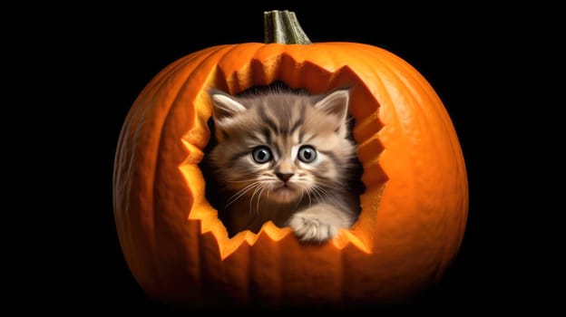 Cute orange kitten sits in orange pumpkin on black background. Halloween or Thanksgiving theme