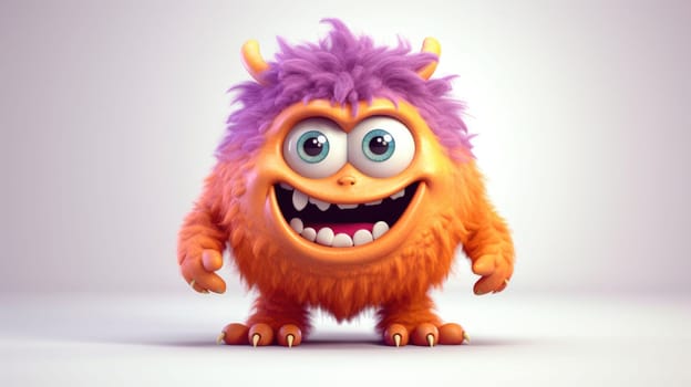 Cute Furry fluffy orange Monster, cartoon 3d, alien monster illustration, on white background