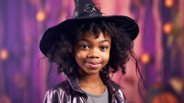 Cute african american girl in purple witch halloween costume looking at camera and smiling over purple background. Happy Halloween. Trick or treat