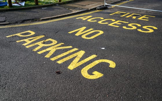 "No parking, Fire access" text sign with double yellow line on asphalt road.