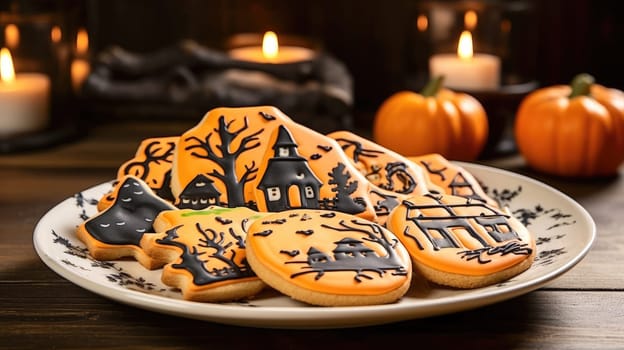 Homemade Halloween Cookies decorated with Orange, Purple and Green Icing. Halloween food. Trick or treat