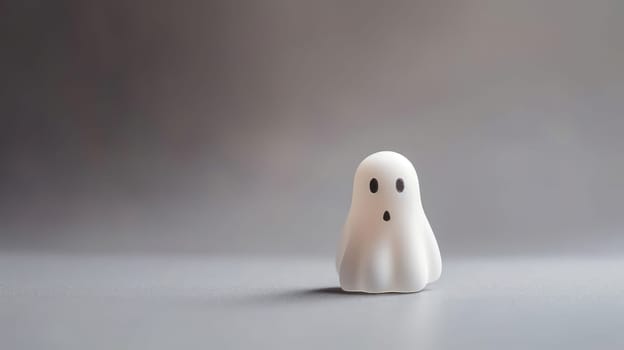 White ghost toy on white table. Minimal Happy Halloween scary concept. Trick or treat