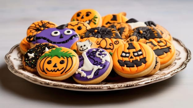 Homemade Halloween Cookies decorated with Orange, Purple and Green Icing. Halloween food. Trick or treat