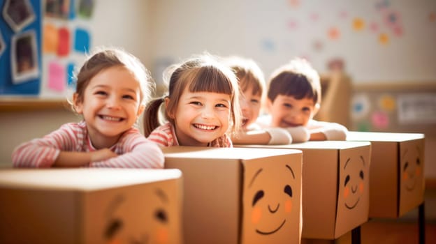 School children smiling at camera in classroom. Back to school