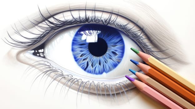 Realistic drawing of human blue eye with colorful pencils
