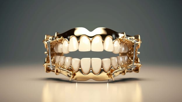 Artificial denture teeth with gold gums, acrylic human jaw model on white table on grey background. Plastic artificial human teeth for studying oral hygiene in the dental clinic