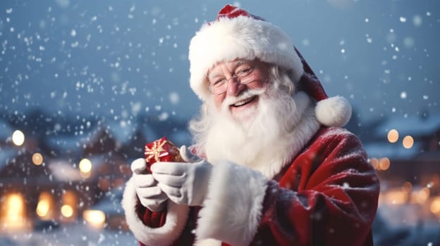 Happy Santa Claus outdoors in snowfall smiling and holding small present. Winter holidays