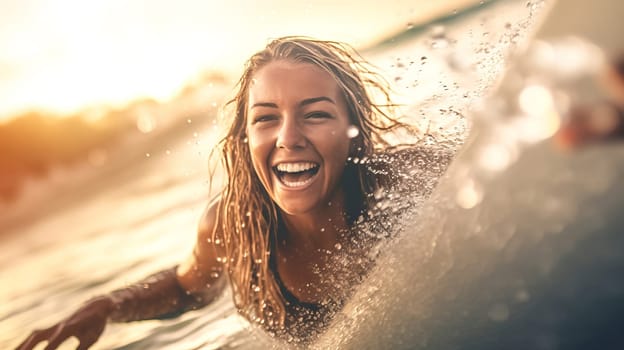 Happy surfer girl paddling on surfboard in blue ocean on sunset. In motion summer